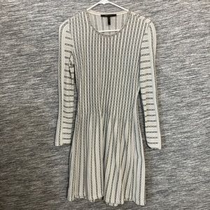 BCBG Women’s Cream Black Pleated Mini Long Sleeve Marlin Striped Jacquard Dress